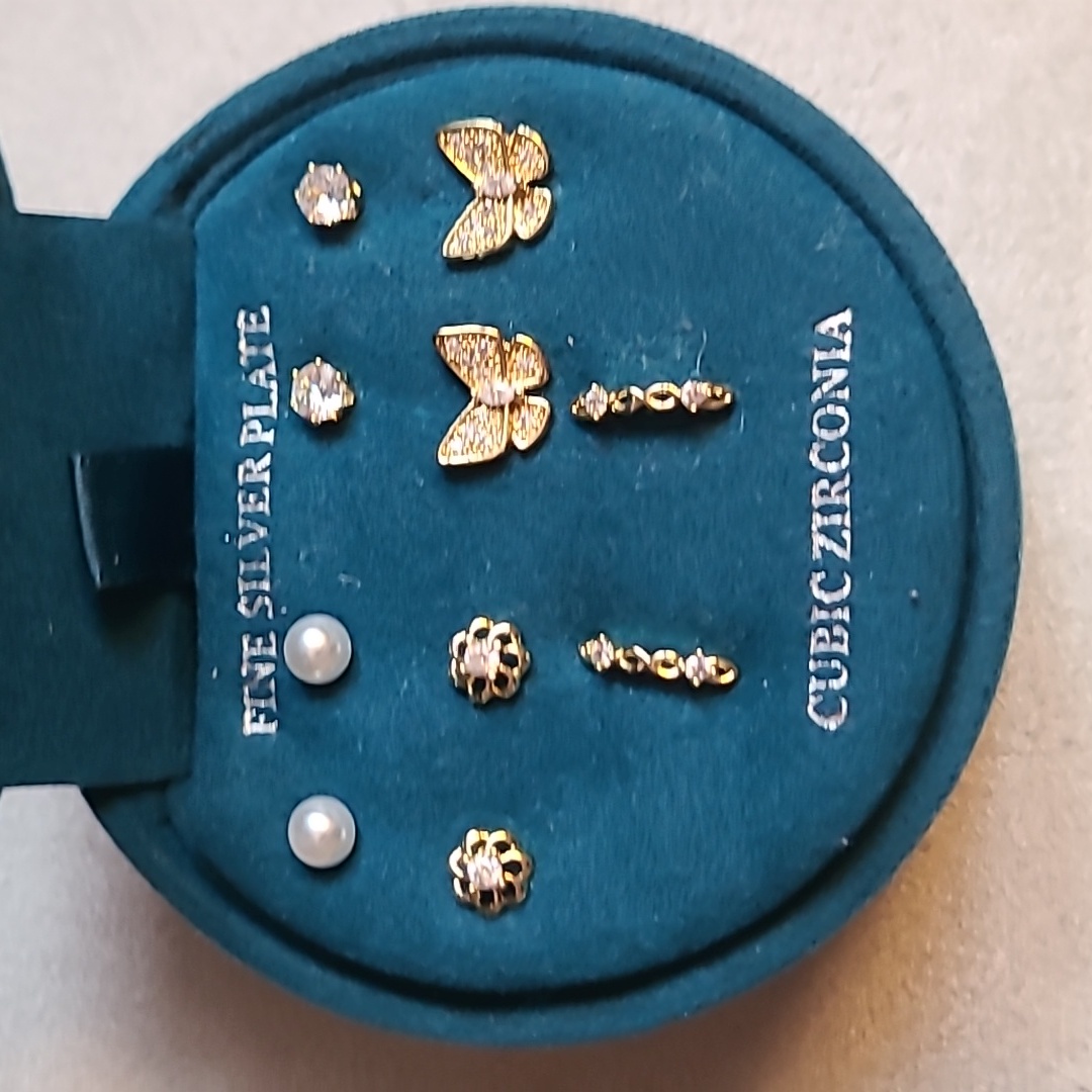 5 Sparkle Allure Fine Silver Plated Cubic Zirconia Post Earrings Bundle. 5 Pair.